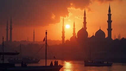 Fototapeta premium Sunset Over Dubai Mosque With Boats on Water