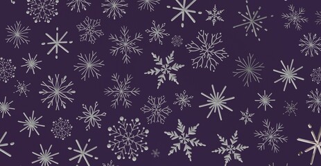 Stylish winter background featuring a repeating pattern of silver snowflakes on a deep purple backdrop perfect for holiday design or seasonal co