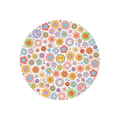 Groovy y2k flower circle sticker with colorful doodle smile and happy floral design. Fun retro background, vintage concept, lively decorative element for playful mood.
