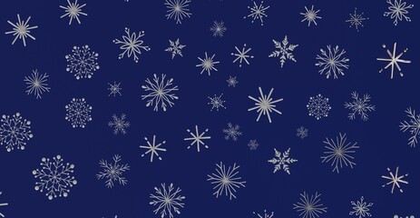 Elegant winter pattern featuring silver snowflakes on a dark blue background perfect for Christmas, holiday designs and backgrounds. Ideal for f
