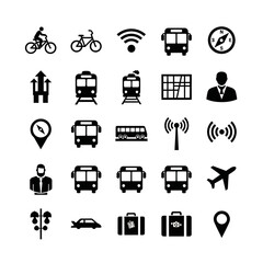 Collection of transportation and travel related icons in black.