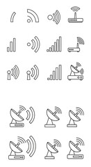 Obraz premium Collection of Wireless Communication Icons - Signal Strength, Routers, and Satellite Dishes.