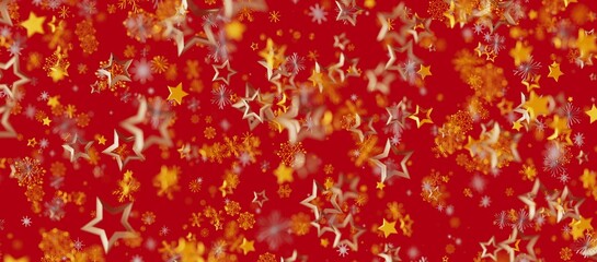 Abstract festive background features golden stars and snowflakes floating over a red backdrop, creating a celebratory atmosphere. Perfect for ho