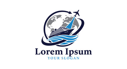 Travel agency logo featuring a ship airplane and globe for global adventures.