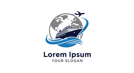 Travel Agency Logo Featuring Globe, Cruise Ship, and Airplane for Tourism.