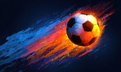 Fototapeta premium Fiery Soccer Ball Blazing Through the Night Sky with Vibrant Colors.