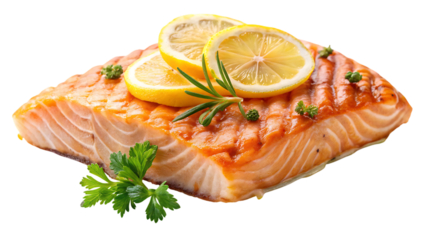 Grilled salmon fillet, with lemon slices and fresh herbs on a white background, cutout, PNG, isolated on white or transparent background, AI