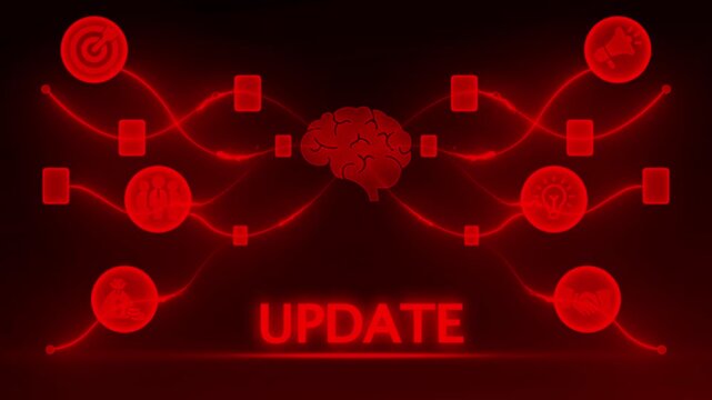 Red glowing brain icon connected to business and technology icons with the word UPDATE update software