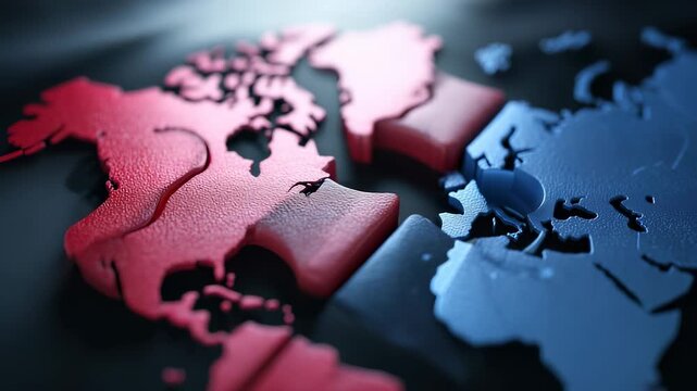 A red puzzle piece sits near a blue puzzle piece on a dark surface, representing a map of the world. The red piece and blue piece symbolize connection and global interaction in geo
