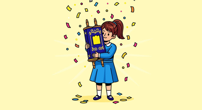Girl holding Torah scroll with confetti falling around her.