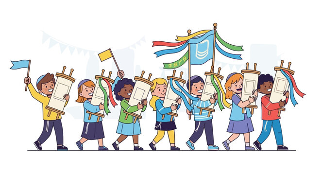 Children parade with Torah scrolls during Simchat Torah celebration.