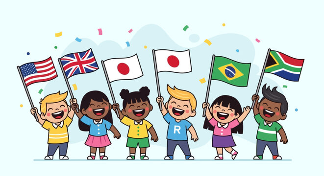 Diverse group of children joyfully waving flags representing different countries, celebrating unity.