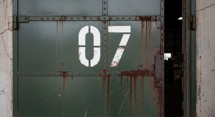 Industrial enigma rust-kissed metal door with stark numeral markings hinting at hidden histories