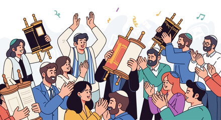 A vibrant illustration of Jewish people celebrating with Torah scrolls, clapping hands, and confetti, depicting a joyous religious festival.