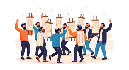 Illustration of a group of men celebrating with Torah scrolls, joyful and festive.