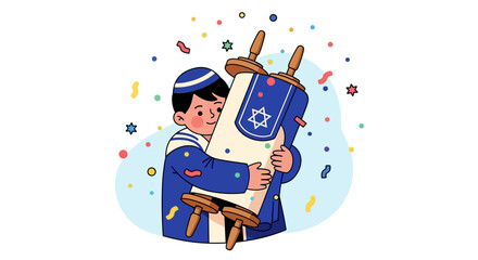 A happy Jewish boy wearing a kippah joyfully hugging a large Torah scroll during a religious celebration with confetti.