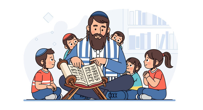 Cartoon of a rabbi teaching children from a Torah scroll.