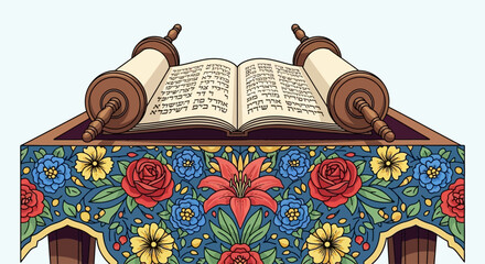 An open Torah scroll rests on a decorated table with floral patterns and two wooden rollers.