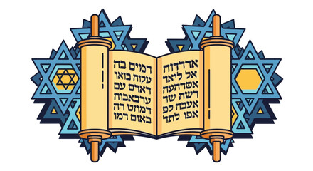 An open Torah scroll with Hebrew text, surrounded by blue Stars of David, symbolizing Jewish heritage and faith.