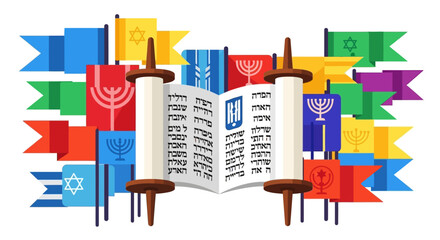 Colorful illustration of a Torah scroll with flags representing Jewish symbols and holidays.