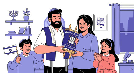 An illustrated Jewish family with a father holding a Torah scroll, a mother, and two children celebrating a religious tradition at home.