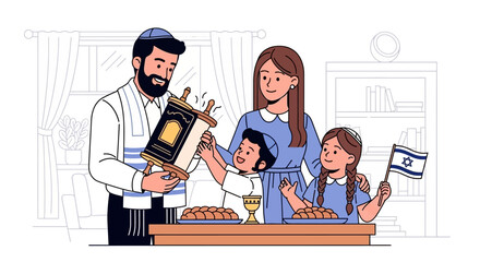 A happy Jewish family celebrating a religious holiday at home, with a father holding a Torah scroll.