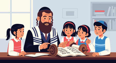 A rabbi with a beard and tallit teaches four young children from an open Torah scroll in a classroom.