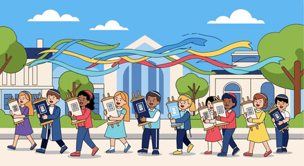 Children in festive attire joyfully parade with Torah scrolls, celebrating a religious occasion outside a grand building.