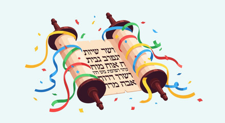 Vibrantly decorated Torah scroll with colorful ribbons and confetti, symbolizing a joyous Jewish celebration or holiday.