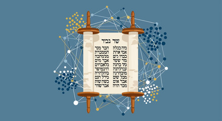 An open Torah scroll with Hebrew script set against a modern, abstract network of connected nodes.