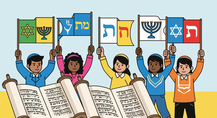 Diverse children holding flags with Jewish symbols and Hebrew letters, standing behind open Torah scrolls, representing Jewish culture and education.