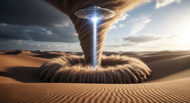 Surreal encounter a ufo drawing sand into a vortex in a vast desert landscape - Powered by Adobe