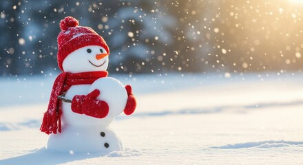 Fototapeta premium A cheerful snowman in a festive red scarf and hat amidst falling snowflakes.