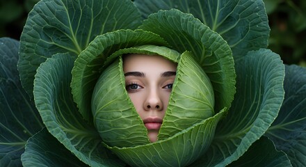 A woman's face peers out from the center of a large, leafy green cabbage, creating a unique and surreal portrait