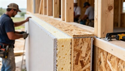 Medium shot of structural insulated panels being installed showcasing energyefficient wall framing with foam core sandwiched between oriented strand boards.