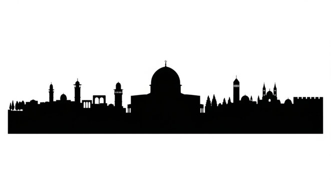 Silhouette of jerusalem skyline featuring dome of the rock and various buildings against a white background