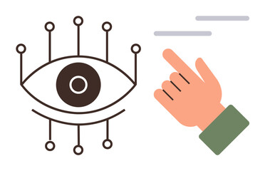 Digital eye with nodes paired with a hand pointing, symbolizing technology, AI, connection, and interaction. Ideal for innovation, interface, web design, data visualization security concepts