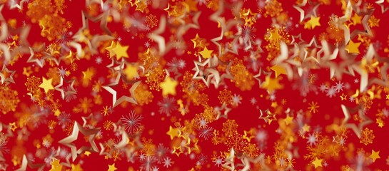 Abstract Christmas background featuring shimmering gold stars and snowflakes over a deep red backdrop. Perfect for seasonal designs and celebrat