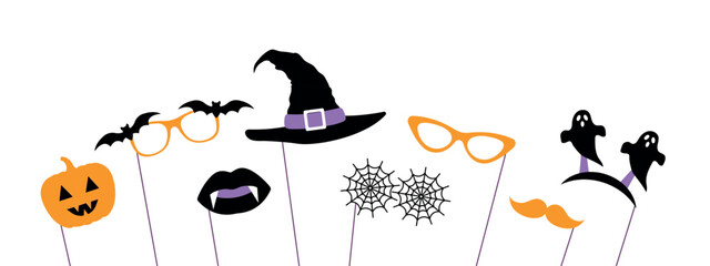 Halloween holiday photo props, witch hat, vampire teeth, spider web, mustache, ghost headband, carved pumpkin, bat eyeglasses, vector design elements for photo booth