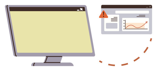 Desktop monitor next to a browser window with a warning sign, showcasing a rising graph. Ideal for technology, business growth, analytics, web design, error management, problem-solving, data