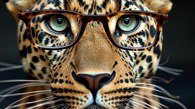 Leopard Portrait: A close-up view of a leopard wearing glasses, with piercing eyes, showcasing intellect and a unique twist on the majestic feline.