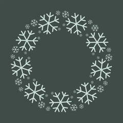 Round winter wreath with snowflakes on dark green background. Vector isolated illustration on white background. 