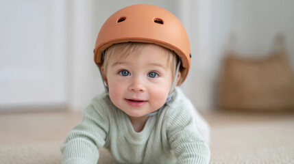 Adorable toddler in helmet crawling on soft mat indoors