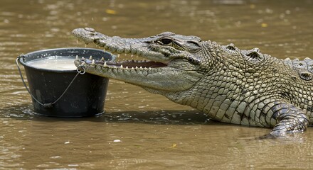 Obraz premium Crocodile with a Bucket A Curious Encounter in the Water