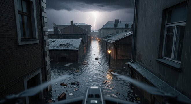 Urban deluge an atmospheric vista of a flooded cityscape amidst a storm's fury and torrential rain - Powered by Adobe