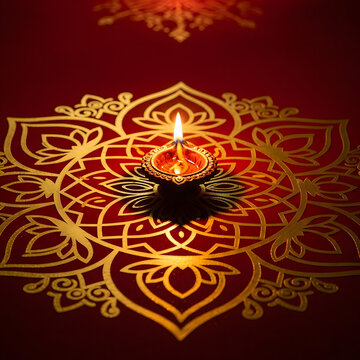 Diwali Lamp Golden Rangoli Design Festive Season Celebration Ornamental Patterns Diya Flame Background Traditional Decoration Cultural Celebrations