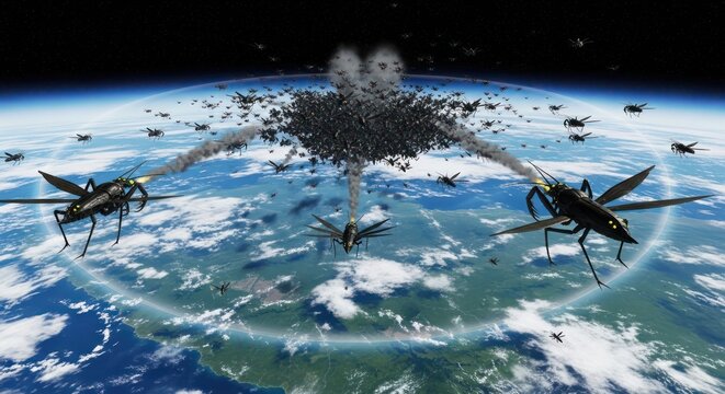 Extraterrestrial swarm invasion of earth depicting insectoid robotic alien fighters attacking