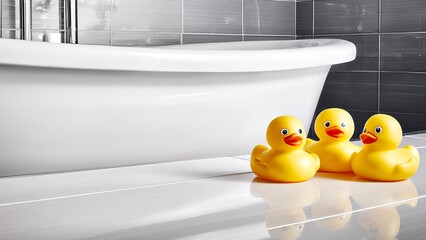 Enjoying Bath Time With Cheerful Yellow Rubber Duckies Beside a Clean, Modern Bathtub