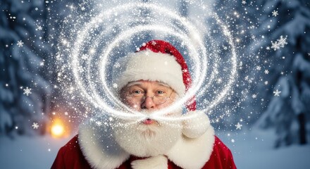 Santa Claus portrait with magical light circle in snowy winter landscape background festive