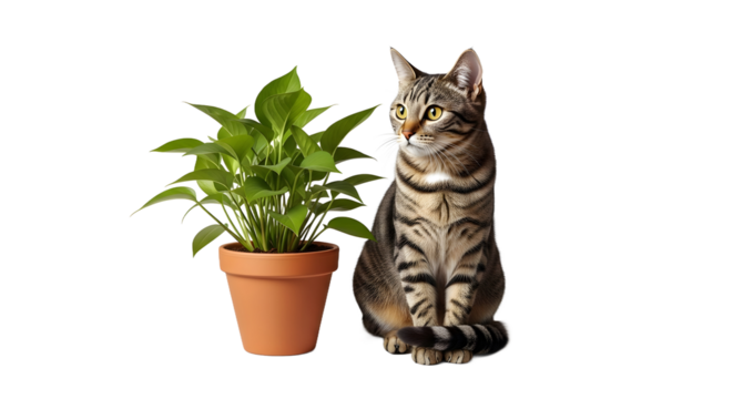 Cat Sitting Beside Potted Plant, Indoor Scene, Isolated on White, Realistic PNG, No Text, No Logo, Transparent Background